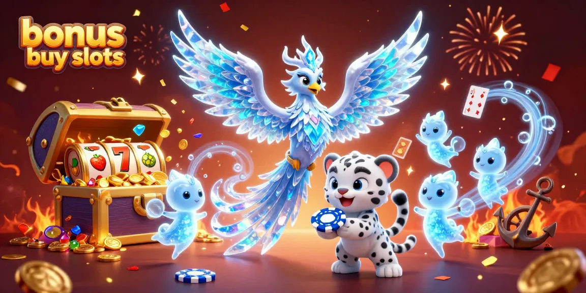 Experience thrilling bonus buy slots with dynamic gameplay illustrated by whimsical characters and vibrant casino elements.