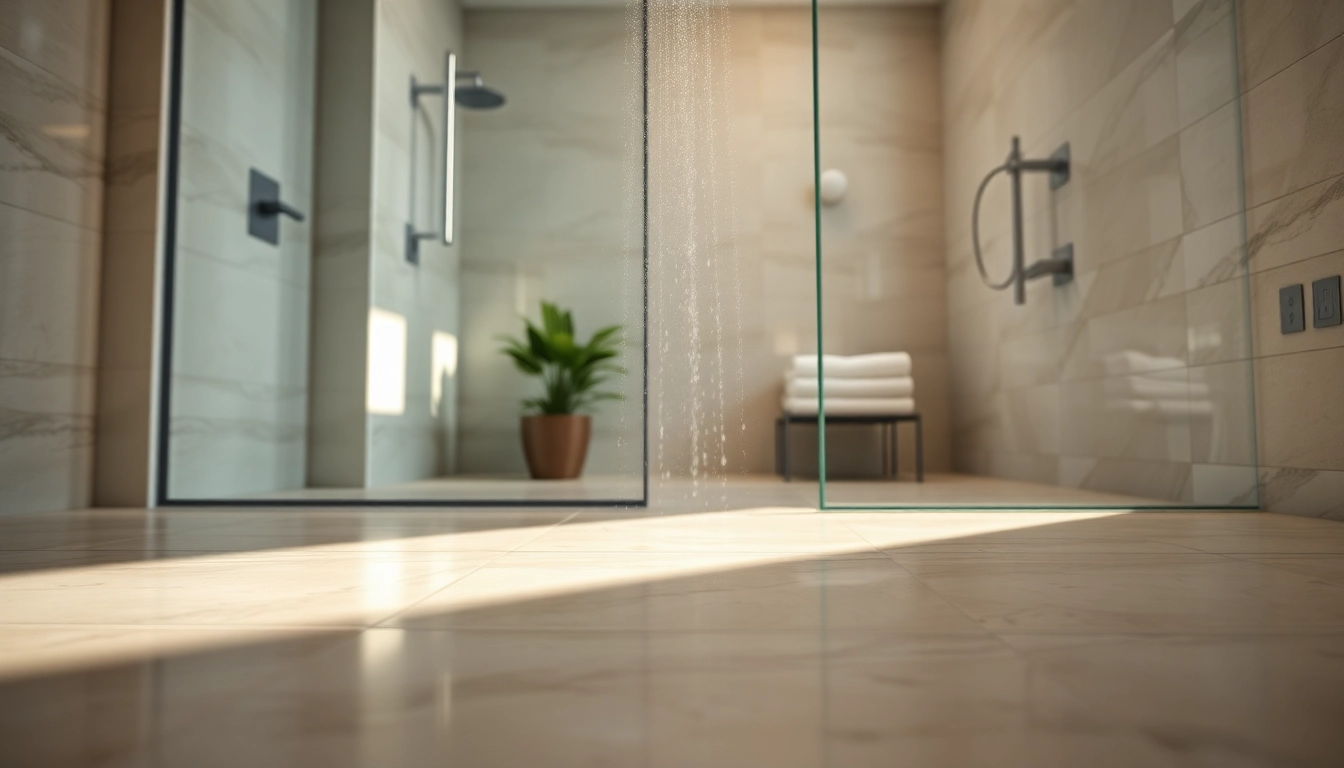 Showcase elegant showers au with modern fixtures in a serene, well-lit bathroom setting.