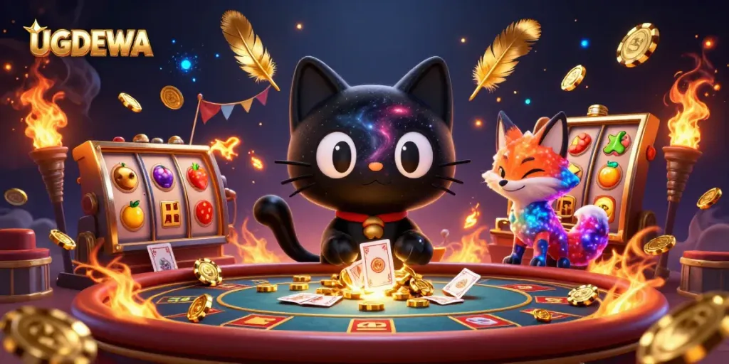 UGDEWA cat pulls in casino chips, illustrating a vibrant and dynamic online gaming scene.