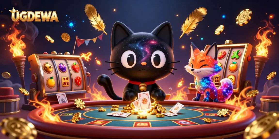 UGDEWA cat pulls in casino chips, illustrating a vibrant and dynamic online gaming scene.