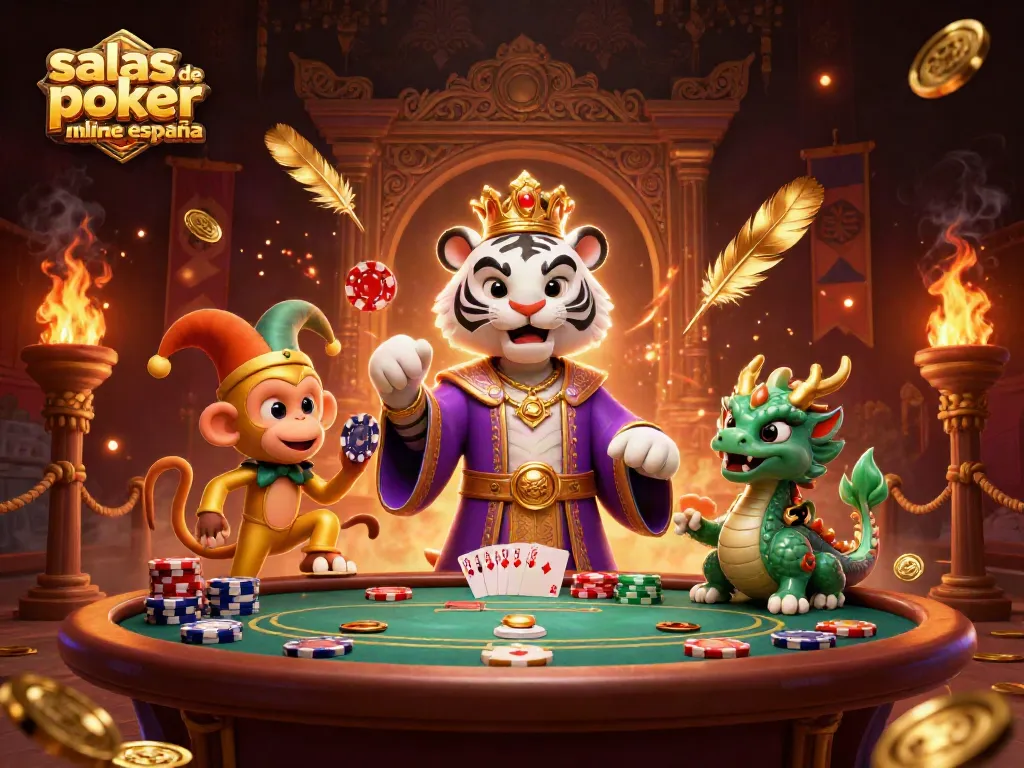 Jugando en salas de poker online España con una escena vibrante de acción y personajes animados
