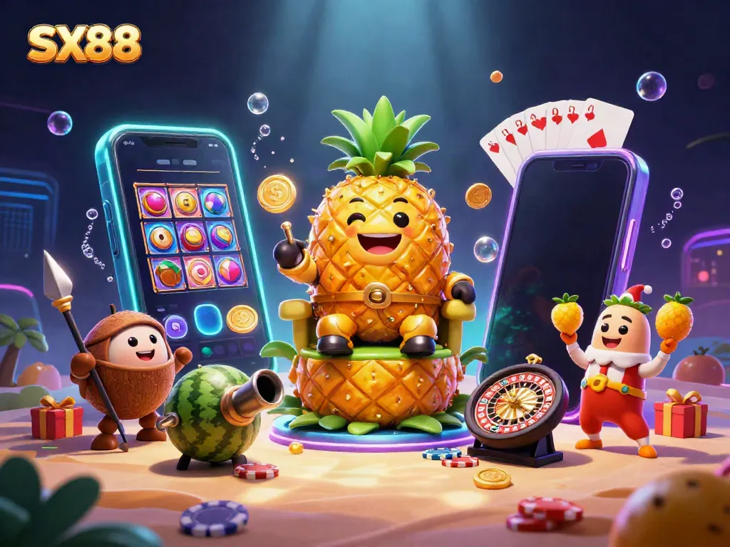 Experience thrilling fun and gaming on SX88 with vibrant 3D illustration of casino characters and games.