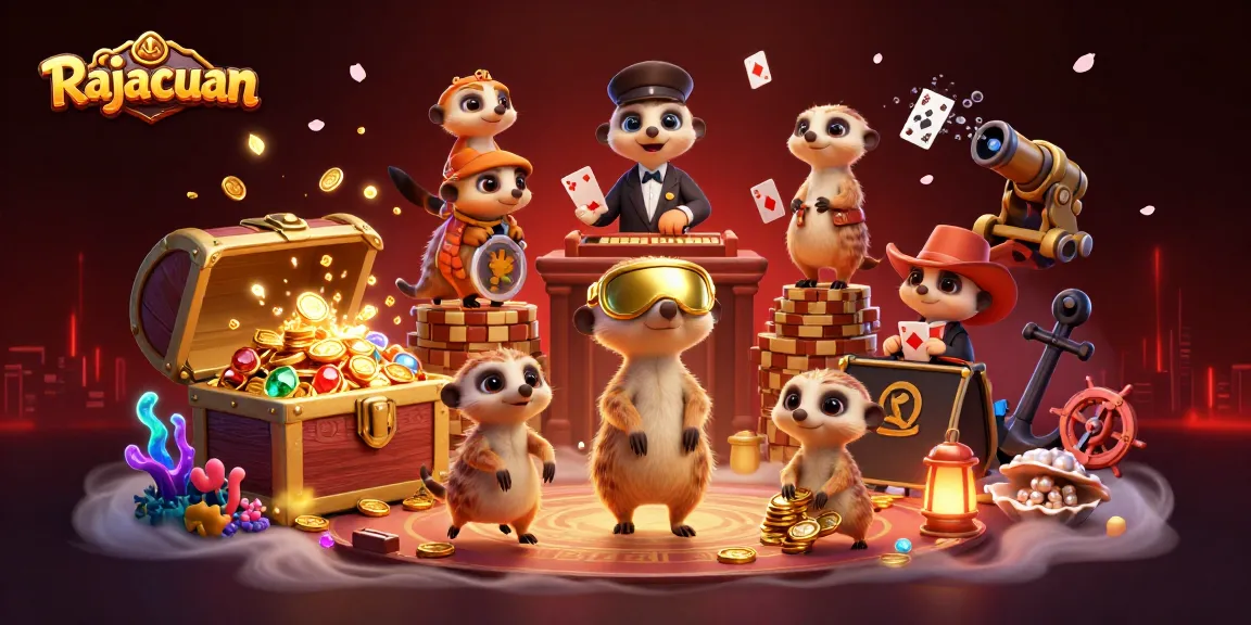 Rajacuan memperlihatkan koloni meerkat yang menjalankan kasino dengan aktivitas seru, chip, dan permainan kartu di tengah gemerlap.