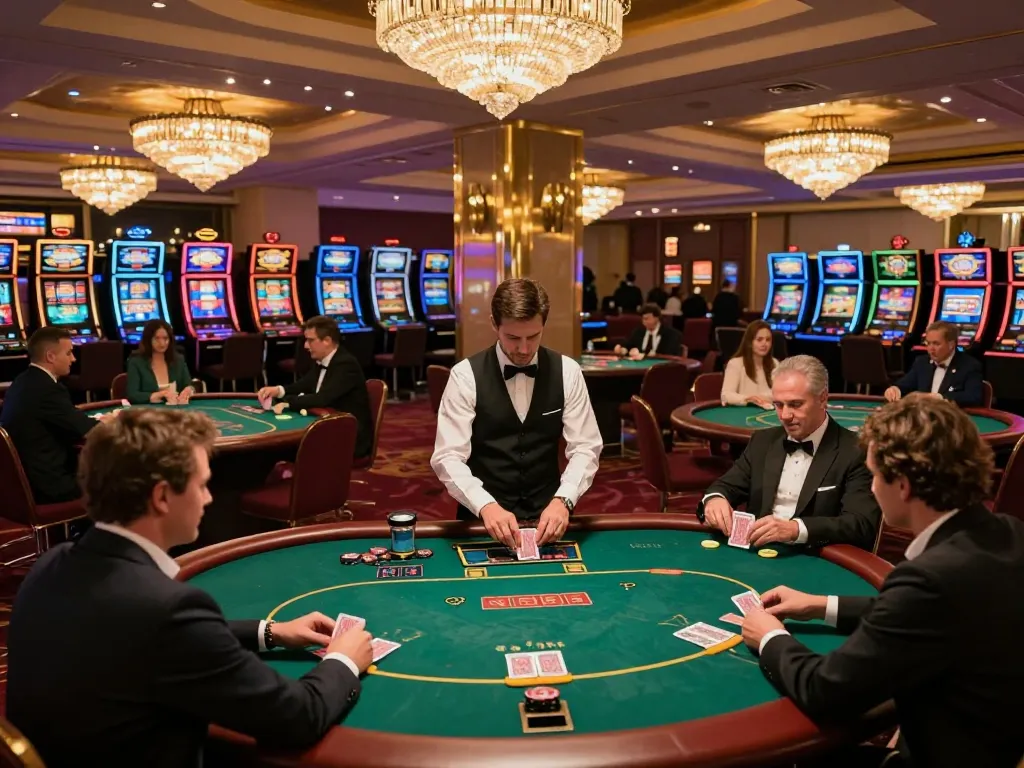 Players enjoying an exciting poker game at MM88PC casino floor with warm ambient lighting.