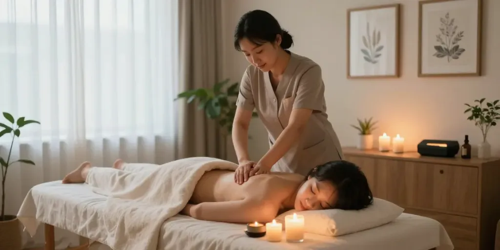 양천구출장안마 appointment showcasing a tranquil massage session in a serene home environment.