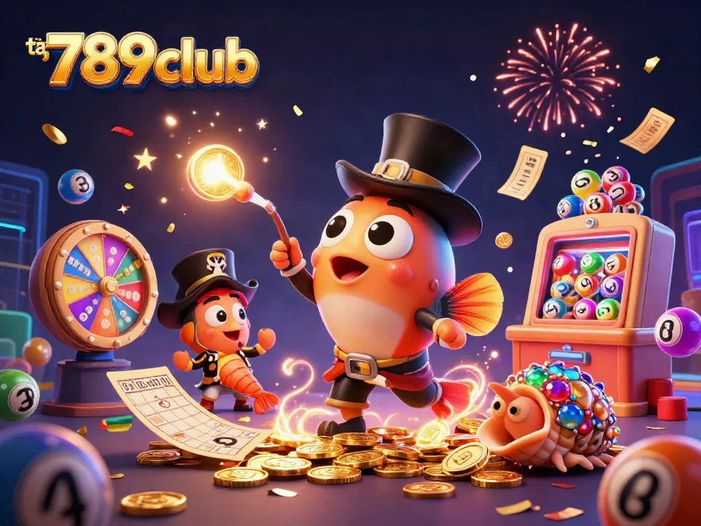 Attract golden coins at 789club with a lively 3D anglerfish and pirate shrimp in a dynamic casino scene.