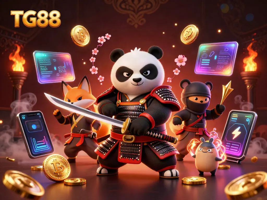 Engaging TG88 scene with a fierce samurai panda and ninja fox highlighting interactive gambling elements and crypto coins.