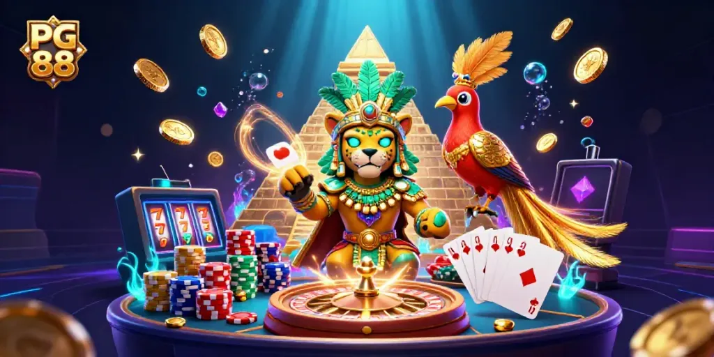 Experience PG 88's dynamic casino adventure with vibrant characters and game elements in this lively 3D scene.