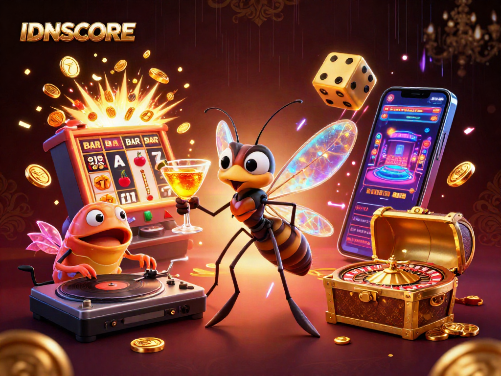 IDNSCORE casino mascot bringing luck with visuals of dynamic gambling elements.