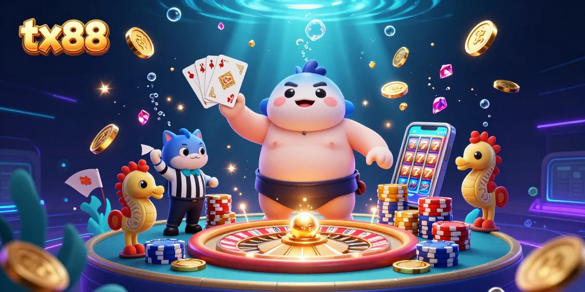 tx88 slots reveal excitement with a bustling underwater casino scene featuring vibrant characters and game elements