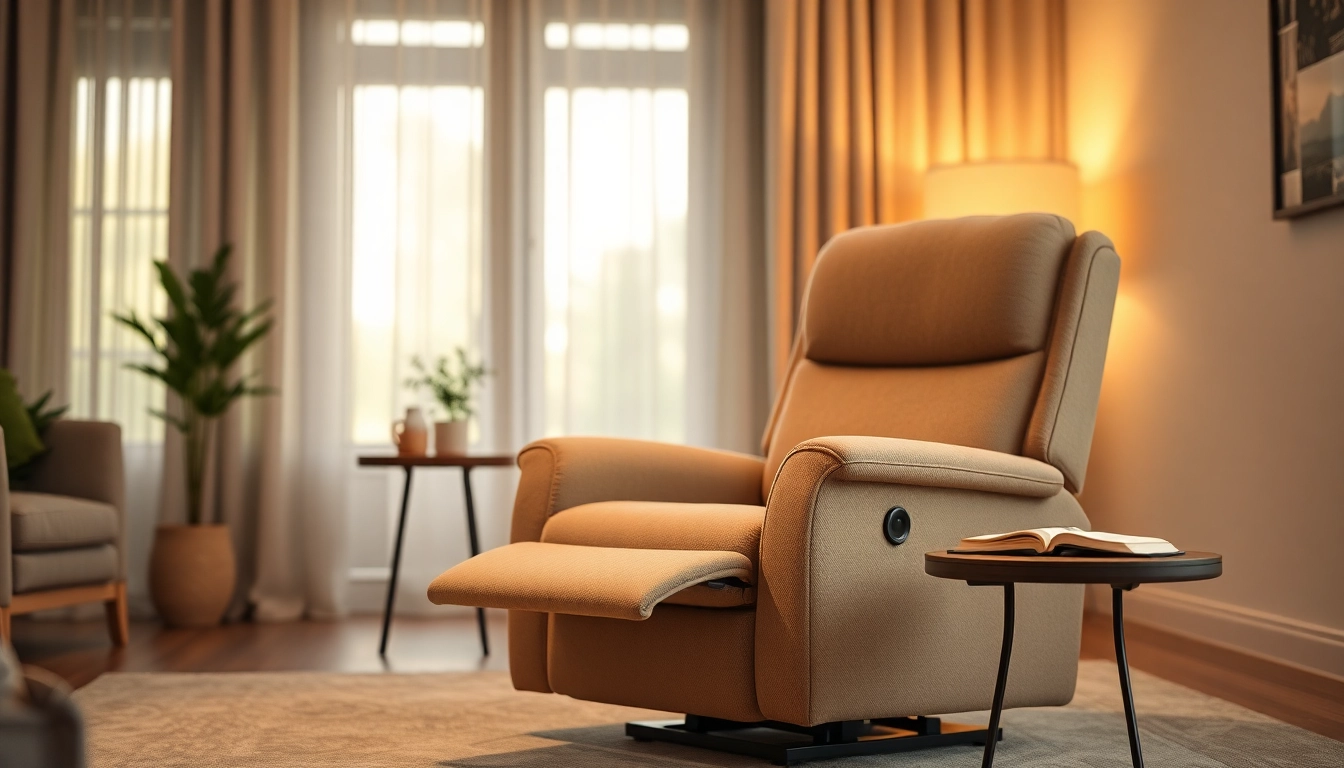 Comfortable lift recliner chair in a cozy living room with ambient lighting