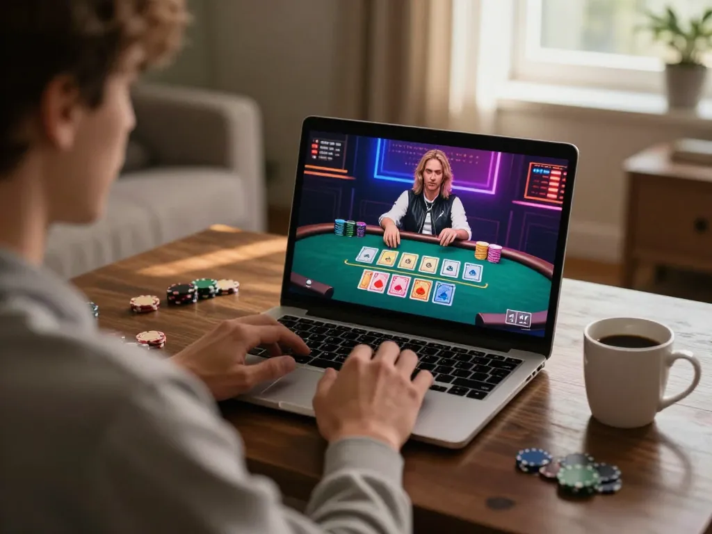 Engaged player using luck8 for live poker at home with a focused strategy