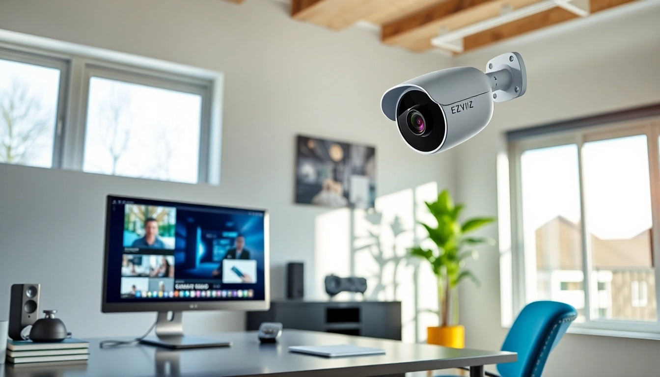 Cámaras Ezviz en una oficina moderna en casa, destacando características de seguridad y mostrando la transmisión en vivo en un monitor.