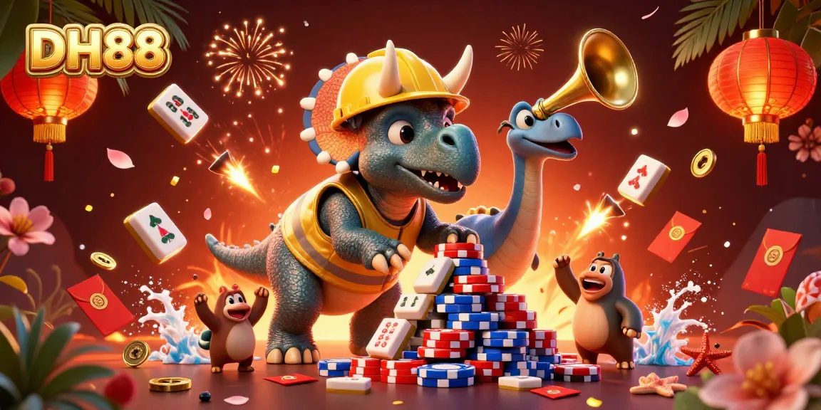 Engage in thrilling gaming experiences at DH88, a vibrant cartoon scene featuring characters joyfully celebrating over poker chips.