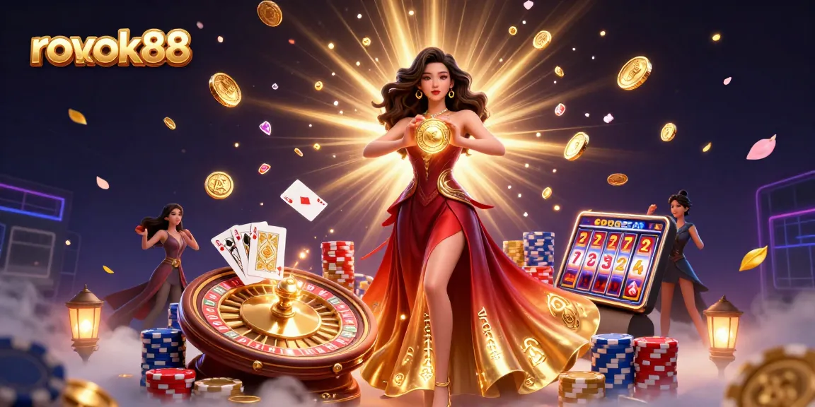 Experience the thrill of rokok88 with dazzling coins and gems amidst a glamorous casino setting.