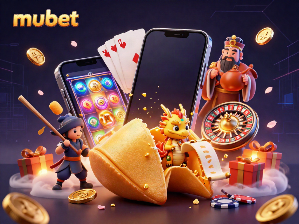 Join the excitement at mubet with colorful slot games and fortune-themed characters in a dynamic casino scene.