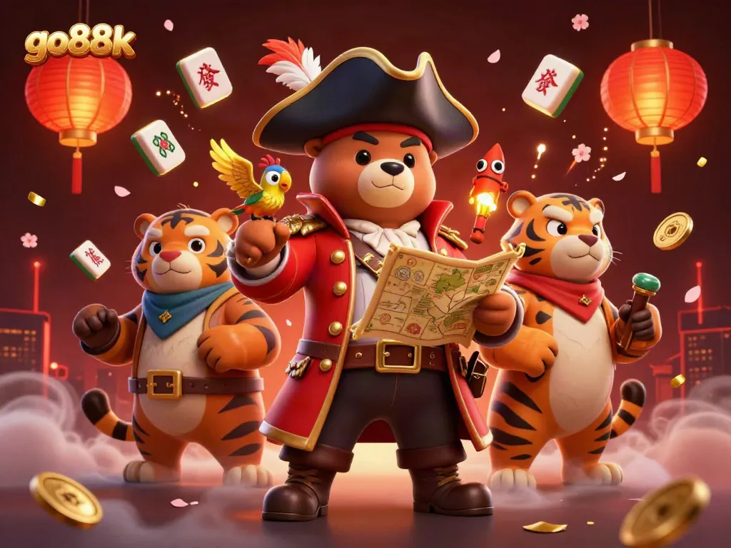 Engage with go88k's vibrant casino scene featuring a pirate bear, tiger, and parrot amidst dynamic gaming elements.