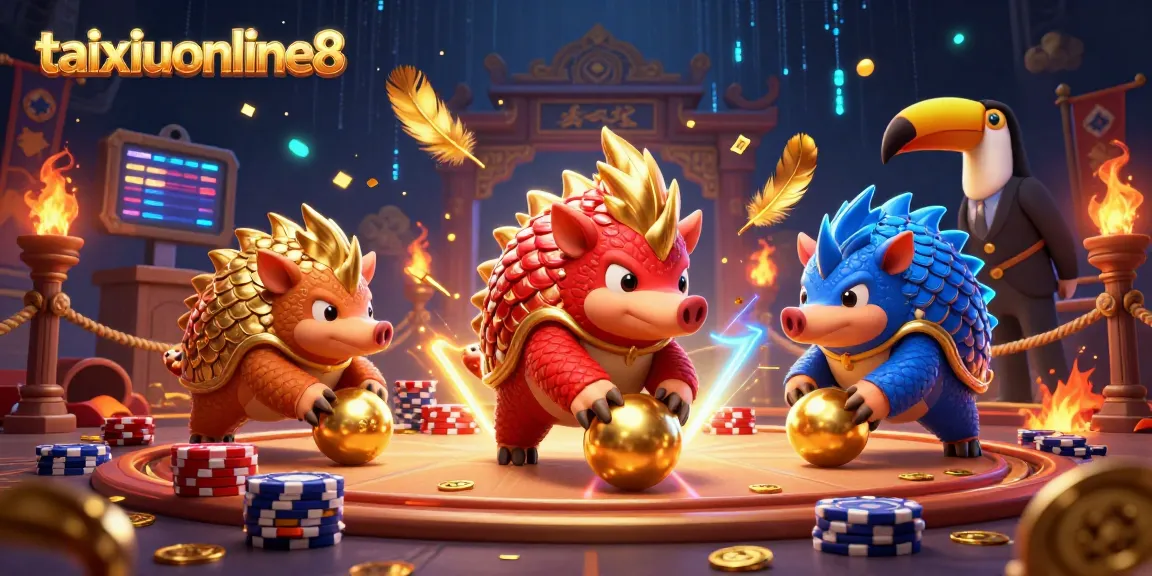 Experience thrilling gaming with taixiuonline8 as rival pangolins engage in a dynamic casino scene filled with golden tokens.