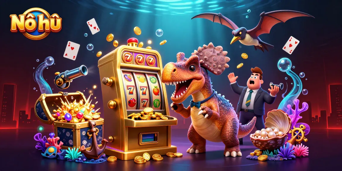 Nổ hũ: A pachycephalosaurus excitingly triggers a jackpot at a golden slot machine under an ocean theme