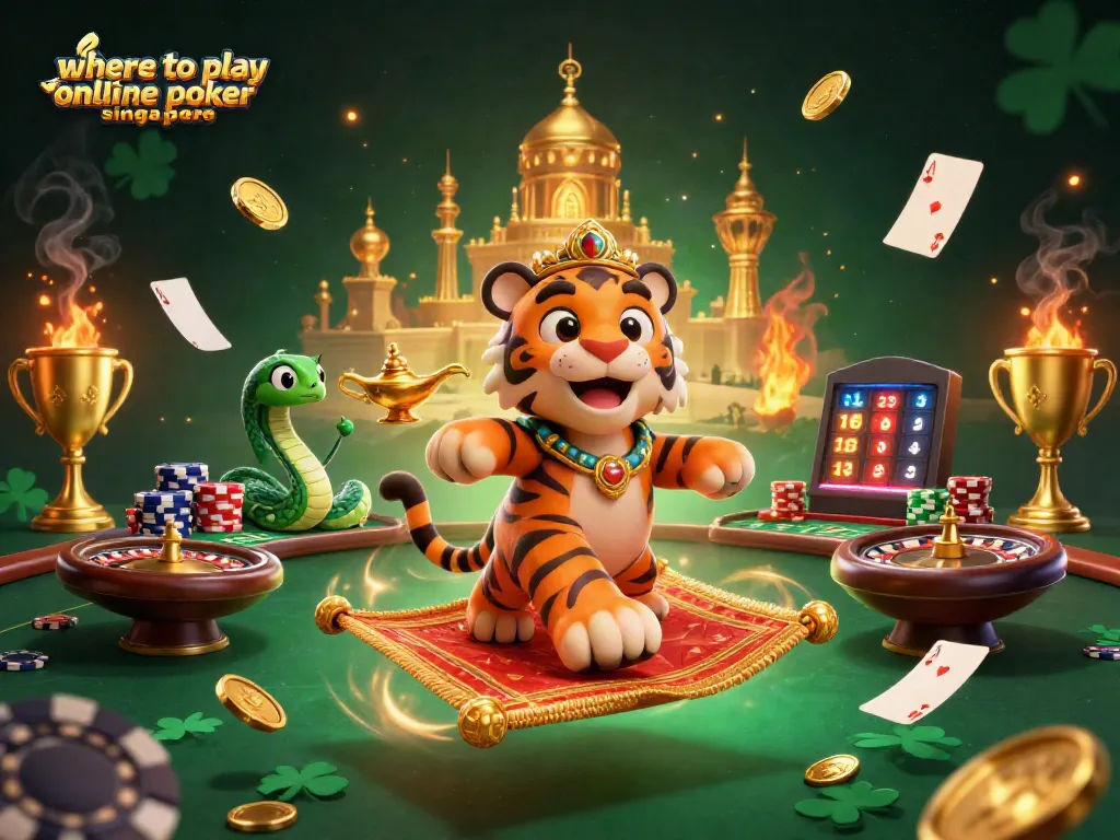 Join the action in this 3D illustration showcasing where to play online poker Singapore with a vibrant tiger sultan and poker themes.
