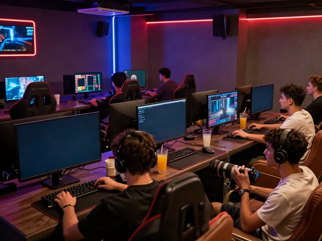 Men enjoying an exciting gaming experience at Manclub lounge with vibrant decor.