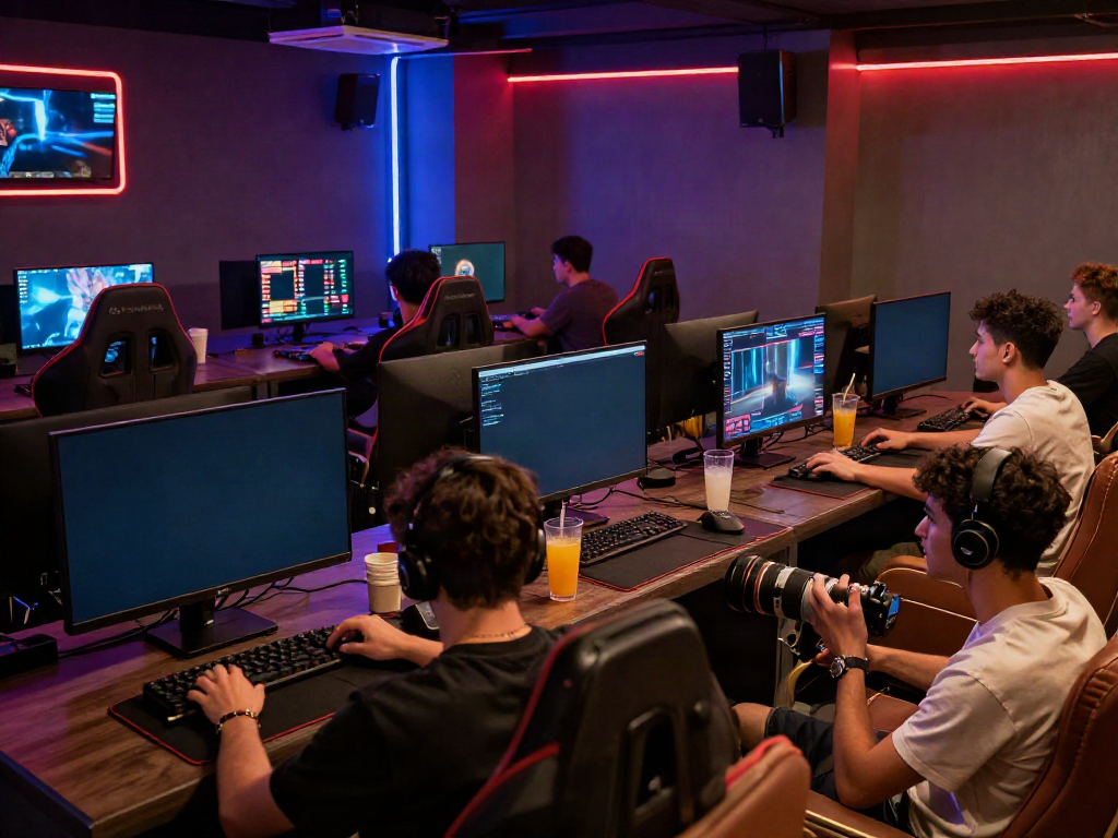 Men enjoying an exciting gaming experience at Manclub lounge with vibrant decor.