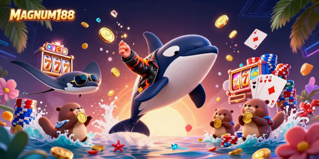 Experience MAGNUM188 with a vibrant 3D scene of an orca, stingray, and otters enjoying casino-themed fun.