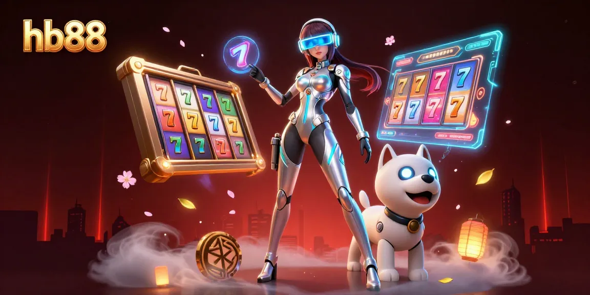 Win big at hb88 with a dynamic casino scene featuring a futuristic woman and robot.