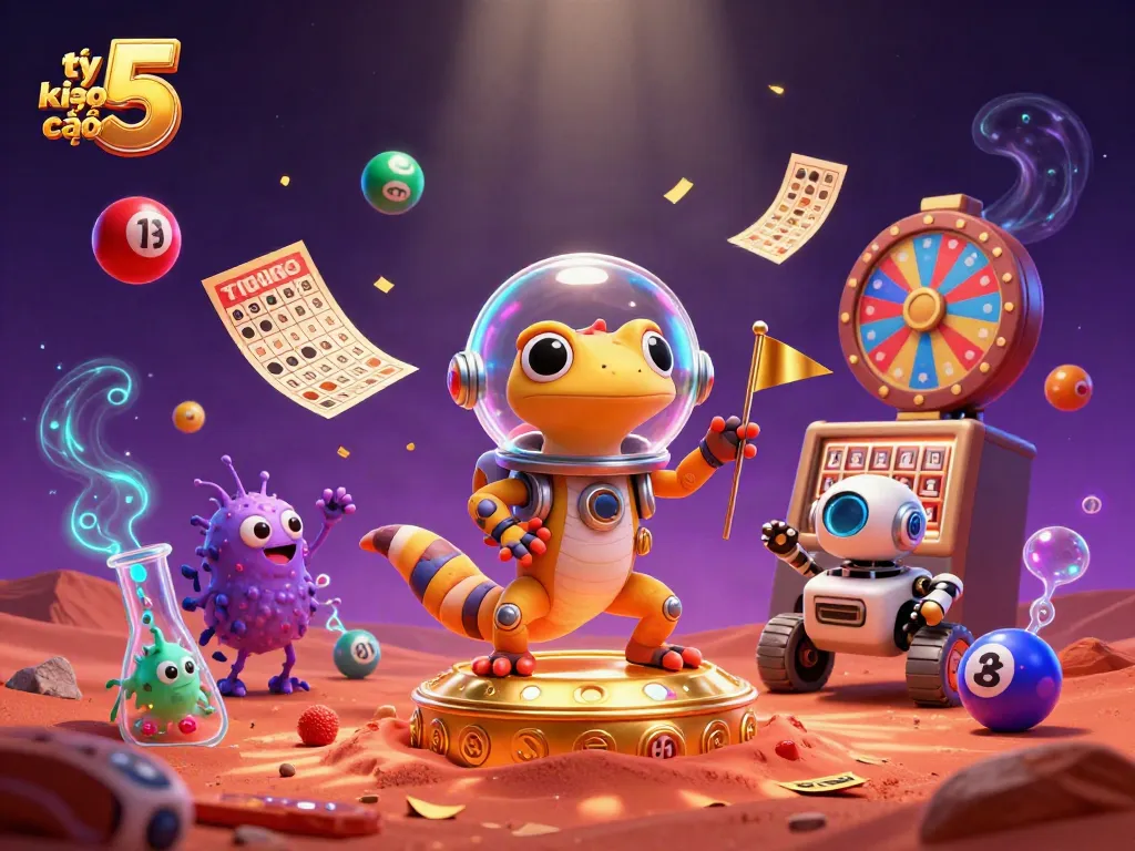 Exciting 3D scene showing tỷ lệ kèo nhà cái 5 with a Martian gecko and golden casino elements.