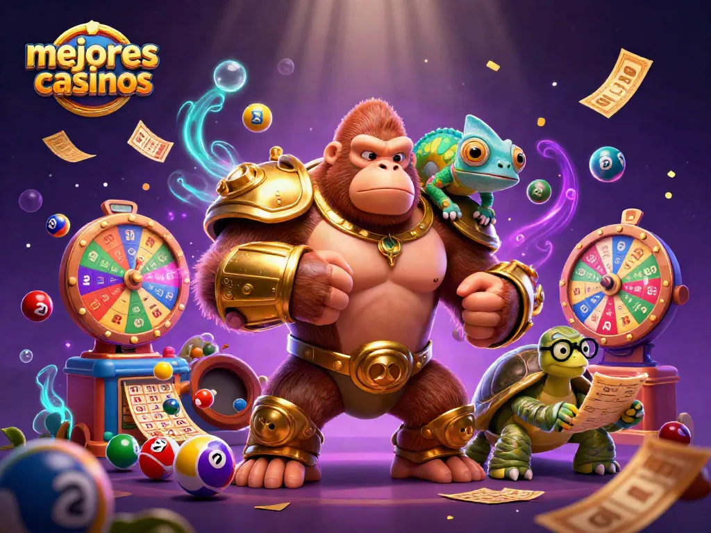 Mejores casinos: gorila rey y tortuga sabio rodeados de elementos de juego.