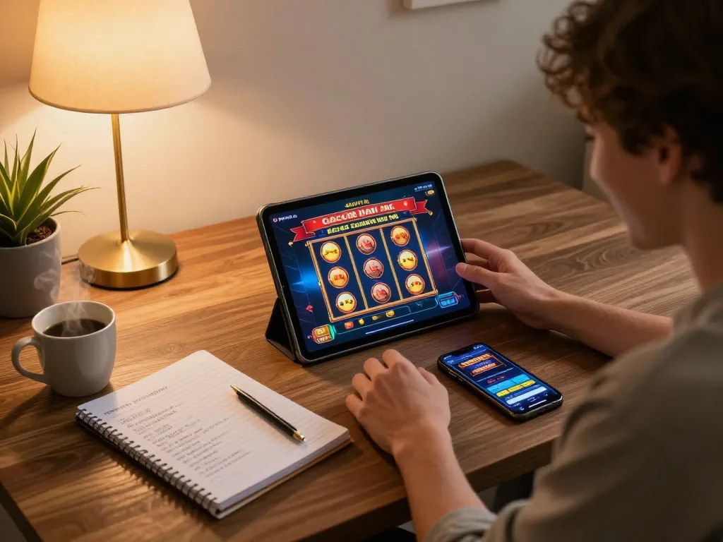 Engage with slot gacor hari ini in a cozy online gambling setup, showcasing tablet gameplay and strategic notes.
