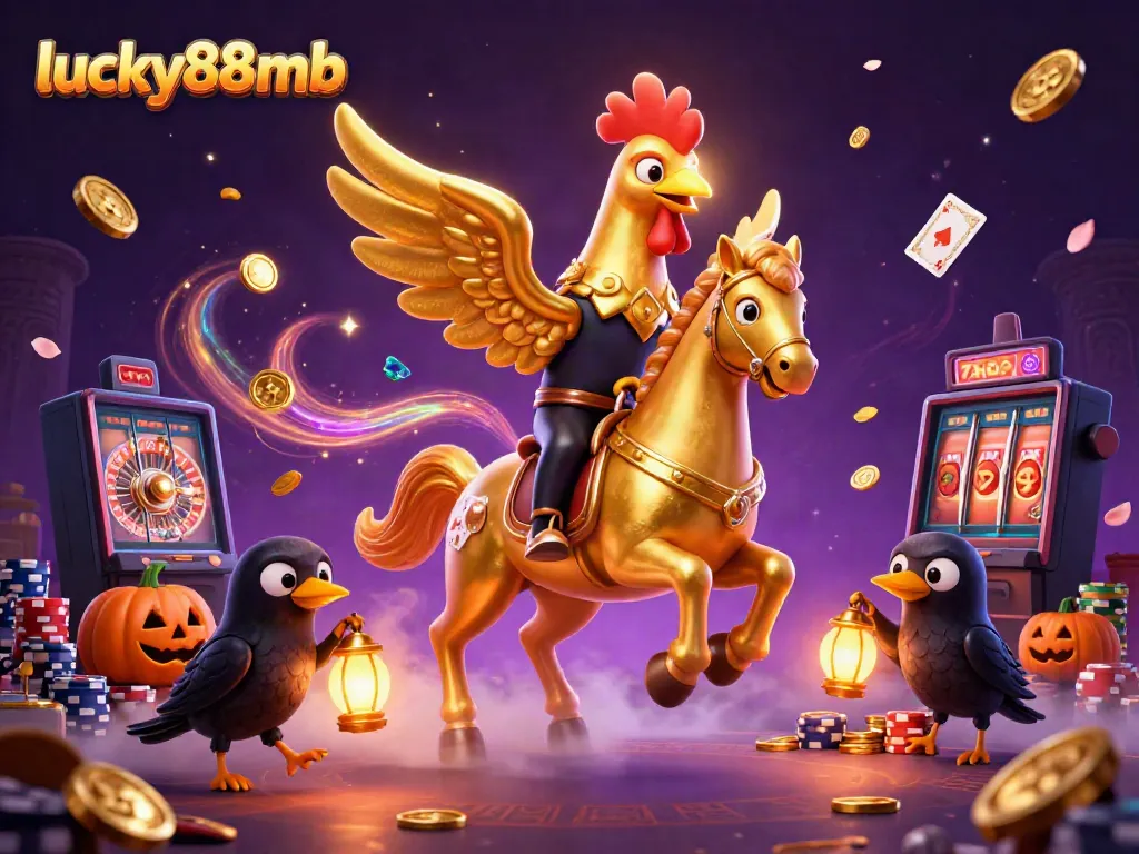 Engage in thrilling moments at lucky88mb with a vibrant scene of a golden rooster rider and companions amidst gaming excitement.