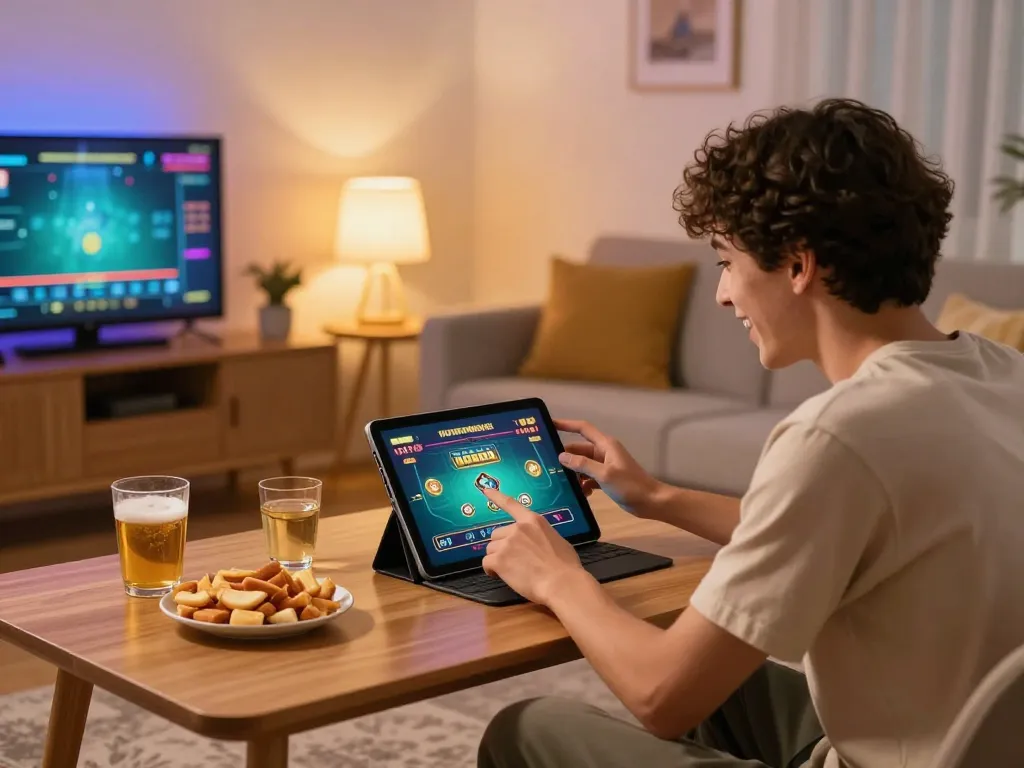 Engaging in online gaming at home with nhacaiuytin tablet interface and cozy atmosphere