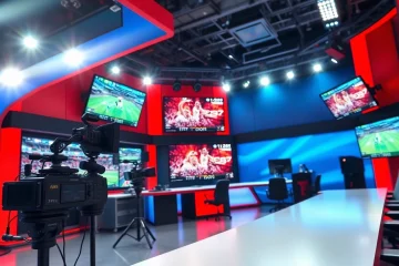 Engaging visual of Sports Broadcasting setup with dynamic screens in a professional studio.