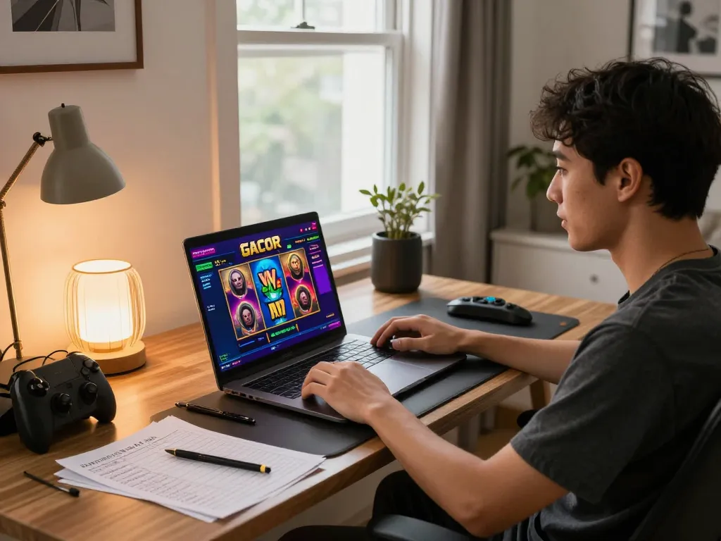 Engaging gameplay on a slot gacor interface, highlighting vibrant graphics and a comfortable modern setting